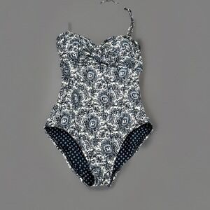 Loft Beach One Piece Swimsuit Blue White Floral Padded‎ Halter Neck Size 4